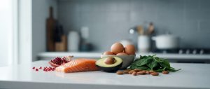 Whole foods that support testosterone levels in men, including salmon, eggs, avocado, spinach, and almonds