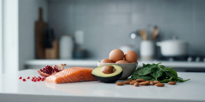 Whole foods that support testosterone levels in men, including salmon, eggs, avocado, spinach, and almonds