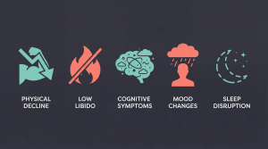 Illustration of low testosterone symptoms in men including fatigue, low libido, brain fog, and mood changes