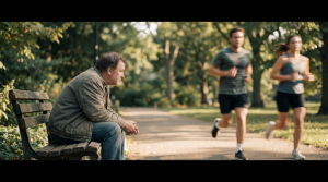 Man sitting on a park bench watching runners pass, representing fatigue and low energy from low testosterone